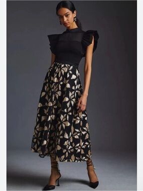 NWT Eva Franco for Anthropologie Floral Applique skirt in black and gold